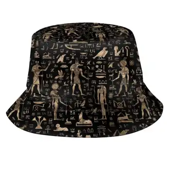 Senovės Egipto Dievai Ir Hieroglifais-Juodos Ir Aukso Unisex Žvejys Skrybėlės Kibirą Skrybėlės Egipto Hieroglifai Hieroglifų