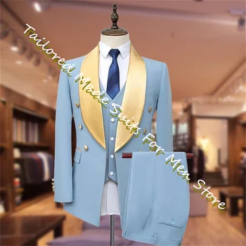Sky Blue Jackets Nustato Aukso Satino Atvartas Vyrų Kostiumas Aukštos Kokybės Mados Kostiumų 2023 Italijos Prabangių Vestuvių Suknelės Oficialus Drabužiai
