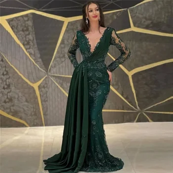 Smaragdas Žalia Nėrinių Aplikacijos Granules, Vakaro Suknelės Ilgomis Rankovėmis Vien Kaklo Undinė Prom Chalatai Elegantiškas Moteris Oficialų Suknelė 2023