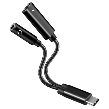 USB C iki 3,5 mm Ausinių Adapteris, 2: 1,Garso Kabelis su PD 60W Greito Įkrovimo Galaxy S20 S21 Ultra S20 Black