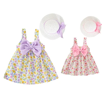 Vaikų Paplūdimys Sijonas 2023 Vasaros Baby Girl Dress Spalvos Gėlių Lankas Dirželis Kasdien Dėvėti+skėtį nuo saulės Skrybėlę 2 Vnt/Komplektas