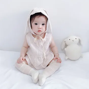 Vasaros 2023 Korėjos Mielas Pledas Medvilnės Baby Girl Crawlwear Rankovių Pledas Kietas Prarasti Romper Bžūp Kūdikio Mergina Bodysuit Drabužiai