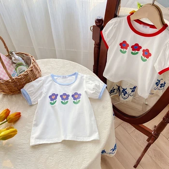 Vasaros Medvilnės Mielas marškinėliai Vaikams Mergina Kietas Atsitiktinis Spausdinti Gėlių Puloveris Tees Baby Girl Viršūnes korėjos Mados Drabužiai Vaikams