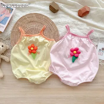 Vasaros Medvilnės Vaikams Baby Girl Jumpsuits - Diržas Dizainas su 3D Gėlių Raštas Spausdinti Bodysuits Kūdikių Bamblys Mergaičių 0-24M