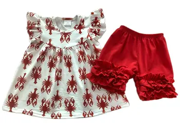 Vasaros mergaitės Drabužių raudona Dryžuota Berankovis viršų ir vėžių spausdinti šortai Omaras modelis bamblys Mergina Komplektai