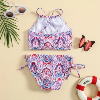 Vasarą Naujos Vaikų Mergaičių Bikini maudymosi kostiumėlį Dviejų dalių Komplektas Derliaus Gėlių Spausdinti Bikini Mergaitės 1-6 Metų