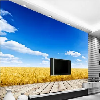 wellyu Užsakymą didelio masto freskomis aukso kviečių laukas mėlynas dangus ir balti debesys TV foną tapetai papel de parede