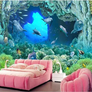 wellyu Užsakymą didelė freska delfinų šeimos super aišku, koralų jūros dugno 3D TV foną, sienos tapetai papel de parede
