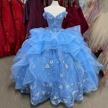 Šviesiai Mėlynos Spalvos, Saldus 16 Quinceanera Suknelę 2023 Off Peties Appliques Blizgančiais Gėlės Princesė Šalis Suknelė Vestidos De 15 Años