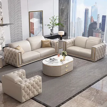 Šviesos prabangos odos sofos derinys modelis kambarys italijos high-end villa gyvenamasis kambarys sofos Honkongo stiliaus postmodernaus prabanga furni