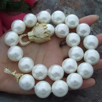 Žavinga 16 mm, balta shell perlų vėrinį micro apdaila cirkonis drakono galvos aksesuarai, karoliai ilgai 48 cm